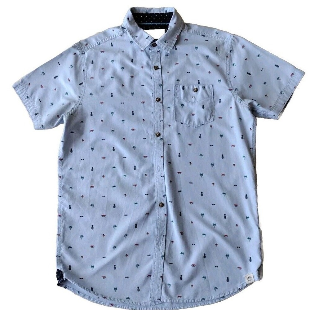 Free Planet Button Up Shirt Men M Blue Short Sleeve Casual Beach Party AOP